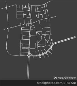 Detailed negative navigation white lines urban street roads map of the DE HELD NEIGHBORHOOD of the Dutch regional capital city Groningen, Netherlands on dark gray background