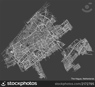 Detailed negative navigation white lines urban street roads map of the Dutch regional capital city of THE HAGUE, NETHERLANDS on dark gray background