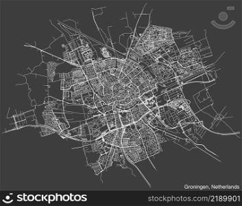 Detailed negative navigation white lines urban street roads map of the Dutch regional capital city of GRONINGEN, NETHERLANDS on dark gray background
