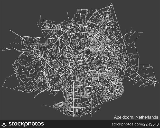 Detailed negative navigation white lines urban street roads map of the Dutch regional capital city of APELDOORN, NETHERLANDS on dark gray background