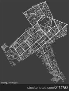 Detailed negative navigation white lines urban street roads map of the ESCAMP DISTRICT of the Dutch regional capital city The Hague, Netherlands on dark gray background