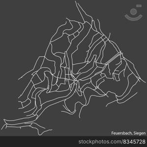 Detailed negative navigation white lines urban street roads map of the FEUERSBACH QUARTER of the German regional capital city of Siegen, Germany on dark gray background