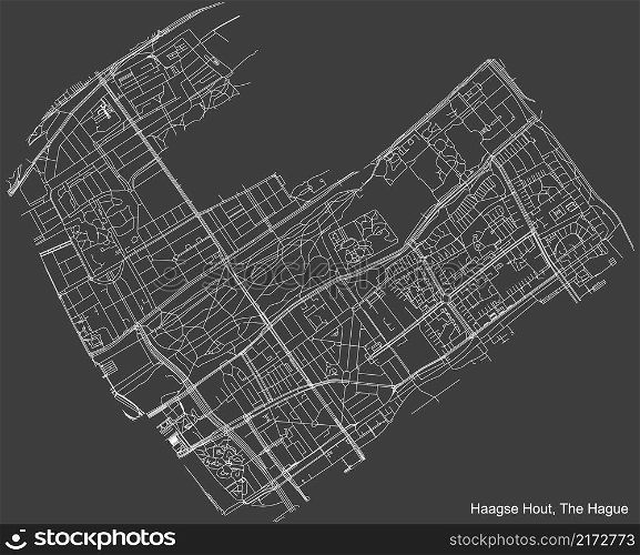 Detailed negative navigation white lines urban street roads map of the HAAGSE HOUT DISTRICT of the Dutch regional capital city The Hague, Netherlands on dark gray background