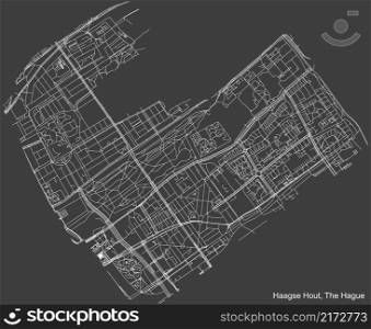 Detailed negative navigation white lines urban street roads map of the HAAGSE HOUT DISTRICT of the Dutch regional capital city The Hague, Netherlands on dark gray background