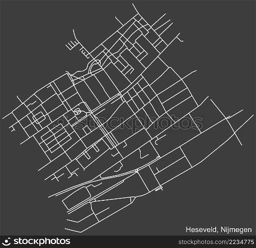 Detailed negative navigation white lines urban street roads map of the HESEVELD NEIGHBORHOOD of the Dutch regional capital city Nijmegen, Netherlands on dark gray background