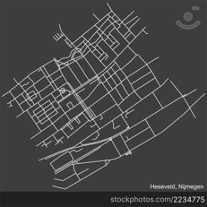 Detailed negative navigation white lines urban street roads map of the HESEVELD NEIGHBORHOOD of the Dutch regional capital city Nijmegen, Netherlands on dark gray background
