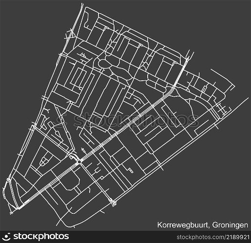 Detailed negative navigation white lines urban street roads map of the KORREWEGBUURT NEIGHBORHOOD of the Dutch regional capital city Groningen, Netherlands on dark gray background