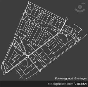 Detailed negative navigation white lines urban street roads map of the KORREWEGBUURT NEIGHBORHOOD of the Dutch regional capital city Groningen, Netherlands on dark gray background