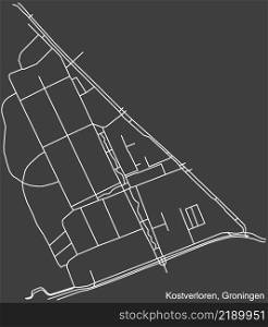 Detailed negative navigation white lines urban street roads map of the KOSTVERLOREN NEIGHBORHOOD of the Dutch regional capital city Groningen, Netherlands on dark gray background