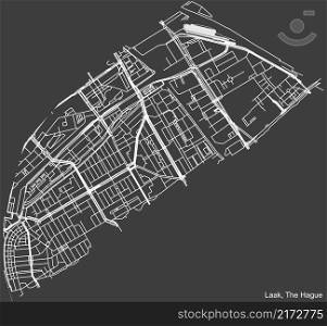 Detailed negative navigation white lines urban street roads map of the LAAK DISTRICT of the Dutch regional capital city The Hague, Netherlands on dark gray background