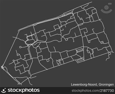Detailed negative navigation white lines urban street roads map of the LEWENBORG-NOORD NEIGHBORHOOD of the Dutch regional capital city Groningen, Netherlands on dark gray background