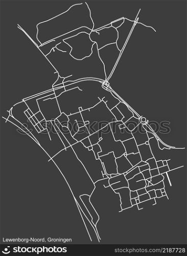 Detailed negative navigation white lines urban street roads map of the LEWENBORG-WEST NEIGHBORHOOD of the Dutch regional capital city Groningen, Netherlands on dark gray background