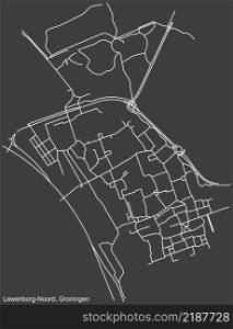 Detailed negative navigation white lines urban street roads map of the LEWENBORG-WEST NEIGHBORHOOD of the Dutch regional capital city Groningen, Netherlands on dark gray background
