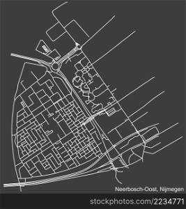 Detailed negative navigation white lines urban street roads map of the NEERBOSCH-OOST NEIGHBORHOOD of the Dutch regional capital city Nijmegen, Netherlands on dark gray background