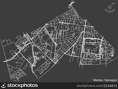 Detailed negative navigation white lines urban street roads map of the NIJMEGEN-MIDDEN DISTRICT of the Dutch regional capital city Nijmegen, Netherlands on dark gray background