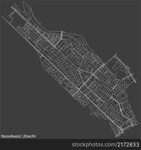 Detailed negative navigation white lines urban street roads map of the NOORDWEST QUARTER of the Dutch regional capital city Utrecht, Netherlands on dark gray background