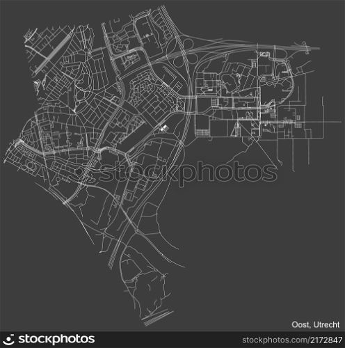 Detailed negative navigation white lines urban street roads map of the OOST QUARTER of the Dutch regional capital city Utrecht, Netherlands on dark gray background