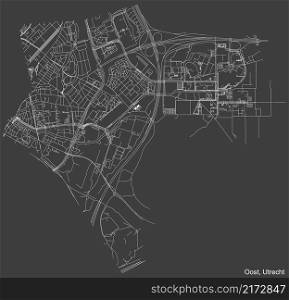 Detailed negative navigation white lines urban street roads map of the OOST QUARTER of the Dutch regional capital city Utrecht, Netherlands on dark gray background