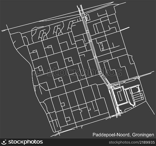 Detailed negative navigation white lines urban street roads map of the PADDEPOEL-NOORD NEIGHBORHOOD of the Dutch regional capital city Groningen, Netherlands on dark gray background