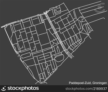 Detailed negative navigation white lines urban street roads map of the PADDEPOEL-ZUID NEIGHBORHOOD of the Dutch regional capital city Groningen, Netherlands on dark gray background