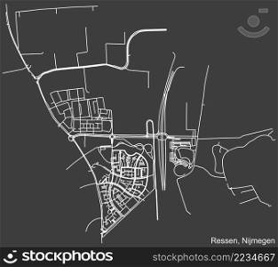 Detailed negative navigation white lines urban street roads map of the RESSEN NEIGHBORHOOD of the Dutch regional capital city Nijmegen, Netherlands on dark gray background