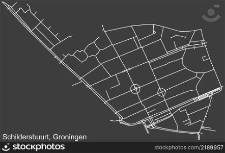 Detailed negative navigation white lines urban street roads map of the SCHILDERSBUURT NEIGHBORHOOD of the Dutch regional capital city Groningen, Netherlands on dark gray background