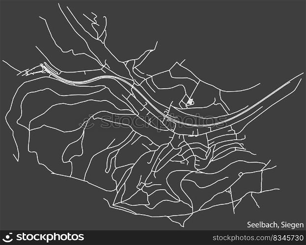 Detailed negative navigation white lines urban street roads map of the SEELBACH QUARTER of the German regional capital city of Siegen, Germany on dark gray background