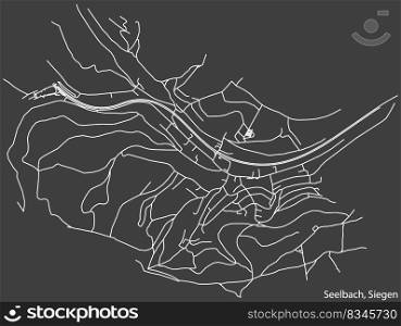 Detailed negative navigation white lines urban street roads map of the SEELBACH QUARTER of the German regional capital city of Siegen, Germany on dark gray background