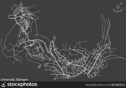 Detailed negative navigation white lines urban street roads map of the UNIVERSITAT DISTRICT of the German town of TUBINGEN, Germany on dark gray background