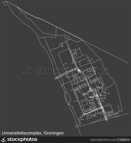 Detailed negative navigation white lines urban street roads map of the UNIVERSITEITSCOMPLEX NEIGHBORHOOD of the Dutch regional capital city Groningen, Netherlands on dark gray background
