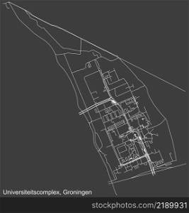 Detailed negative navigation white lines urban street roads map of the UNIVERSITEITSCOMPLEX NEIGHBORHOOD of the Dutch regional capital city Groningen, Netherlands on dark gray background
