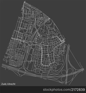 Detailed negative navigation white lines urban street roads map of the ZUID QUARTER of the Dutch regional capital city Utrecht, Netherlands on dark gray background