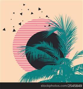 Detailed palm tree tops silhouettes and colorful geometric shapes background.