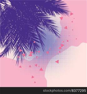 Detailed palm tree tops silhouettes and colorful geometric shapes background.