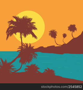 Detailed palm trees silhouettes on island, retro poster design illustration.