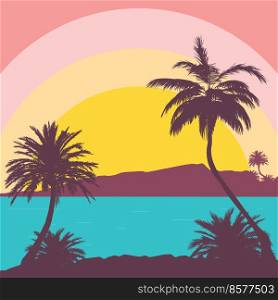 Detailed palm trees silhouettes on island, retro poster design illustration.