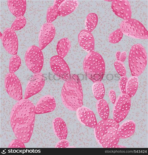 Detailed realistic composition of pink cactus. Trendy gray background. Seamless wallpaper, vector pattern