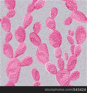 Detailed realistic composition of pink cactus. Trendy gray background. Seamless wallpaper, vector pattern