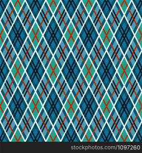 Detailed Rhomb seamless illustration pattern as a tartan plaid mainly in blue and turquoise hues with orange and white lines
