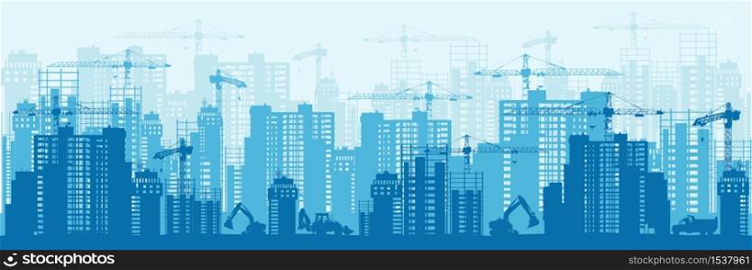 Detailed silhouette of colorful development urban background horizontal banner. Modern megapolis buildings under construction in process with industrial crane and excavator backdrop. Detailed silhouette of colorful development urban background horizontal banner