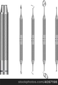 Detailed vector illustration of common dental tools.