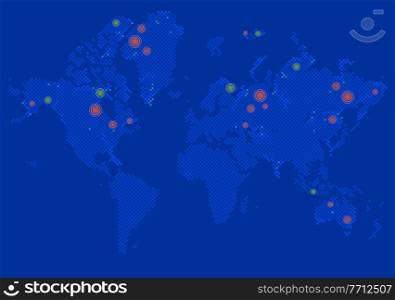 Detailed vector World map of blue colors on dark background. Town marks and national borders are in separate layers. Unfolded planet with colorful marks. Areas marked on the map of the Earth. Detailed vector World map of blue colors on dark background. Unfolded planet with colorful marks