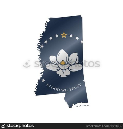 Detailed waving flag map of Mississippi. New magnolia flag. Vector map with masked flag.. Waving flag map of Mississippi. New magnolia flag. Vector illustration