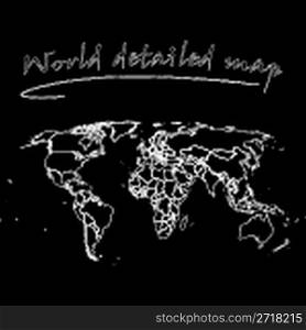 detailed world map over black background, abstract vector art illustration