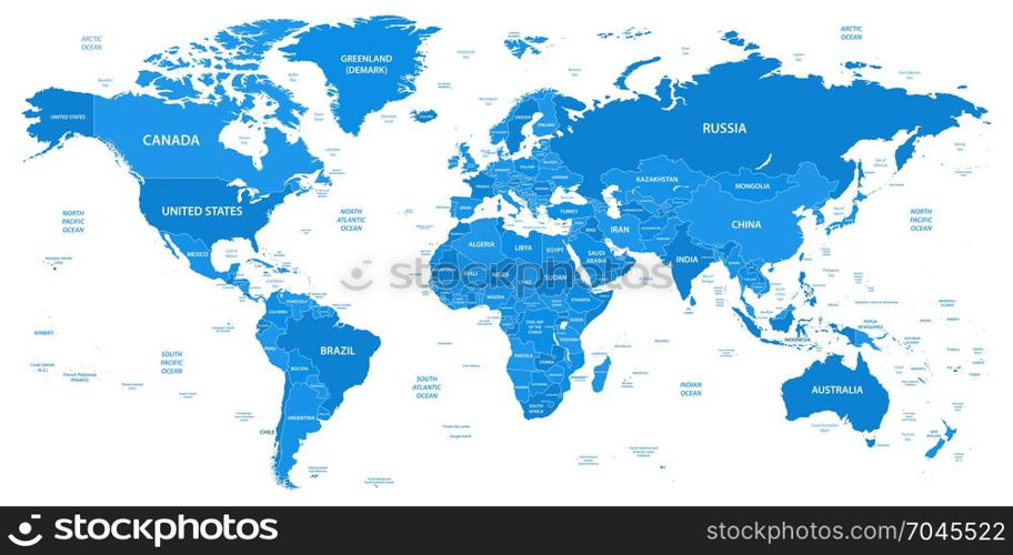 Detailed world map with borders, countries, water objects