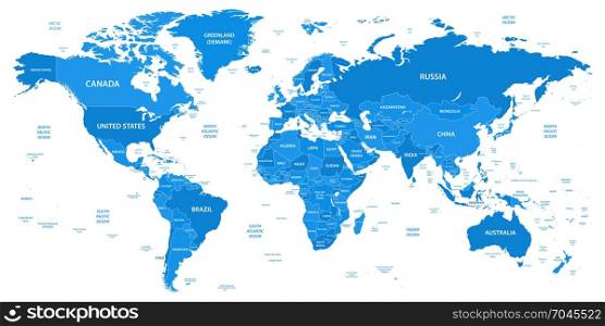 Detailed world map with borders, countries, water objects