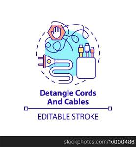 Detangle cords and cables concept icon. Fix wires in cable boxes idea thin line illustration. Using decorative washi tape. Vector isolated outline RGB color drawing. Editable stroke. Detangle cords and cables concept icon
