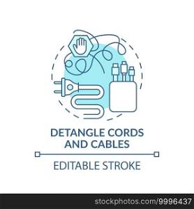 Detangle cords and cables concept icon. Fixing and hiding wires in cable cases idea thin line illustration. Using decorative washi tape. Vector isolated outline RGB color drawing. Editable stroke. Detangle cords and cables concept icon