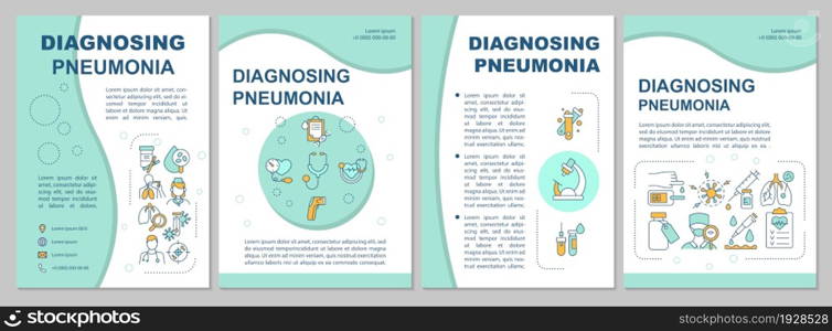 Detecting pneumonia brochure template. Diagnostic tests. Flyer, booklet, leaflet print, cover design with linear icons. Vector layouts for presentation, annual reports, advertisement pages. Detecting pneumonia brochure template