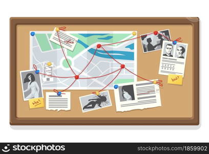 Detective board. Cartoon police evidence collection with map notes and traces. Pinned photos of victims and suspects to blackboard. Murder investigation and research organization. Vector illustration. Detective board. Police evidence collection with map notes and traces. Photos of victims and suspects to blackboard. Murder investigation and research organization. Vector illustration